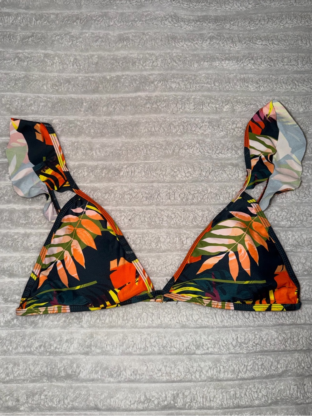 Tropical Leaf Ruffle Triangle Bikini Top - XL